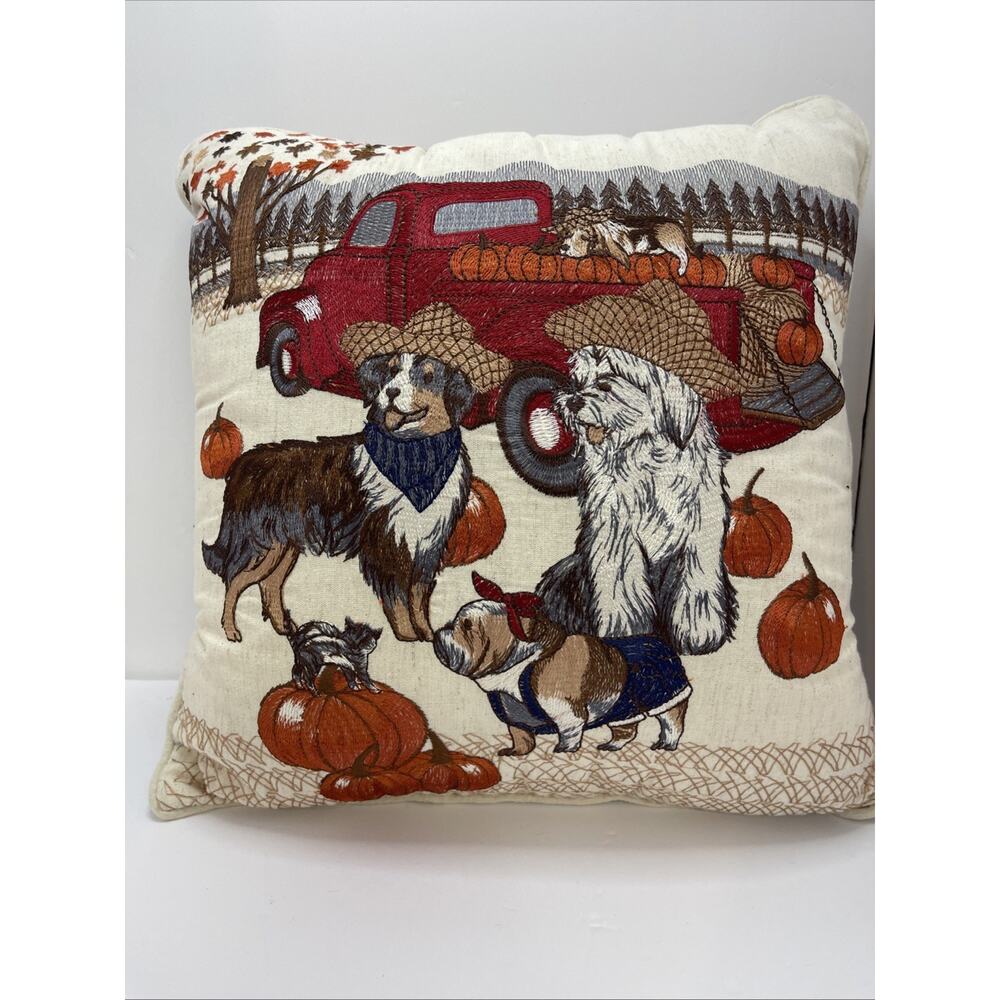 Pier 1 Dog Cat Pumpkin Autumn/Fall Theme Throw Pillow 15”x 15”, Zipper
